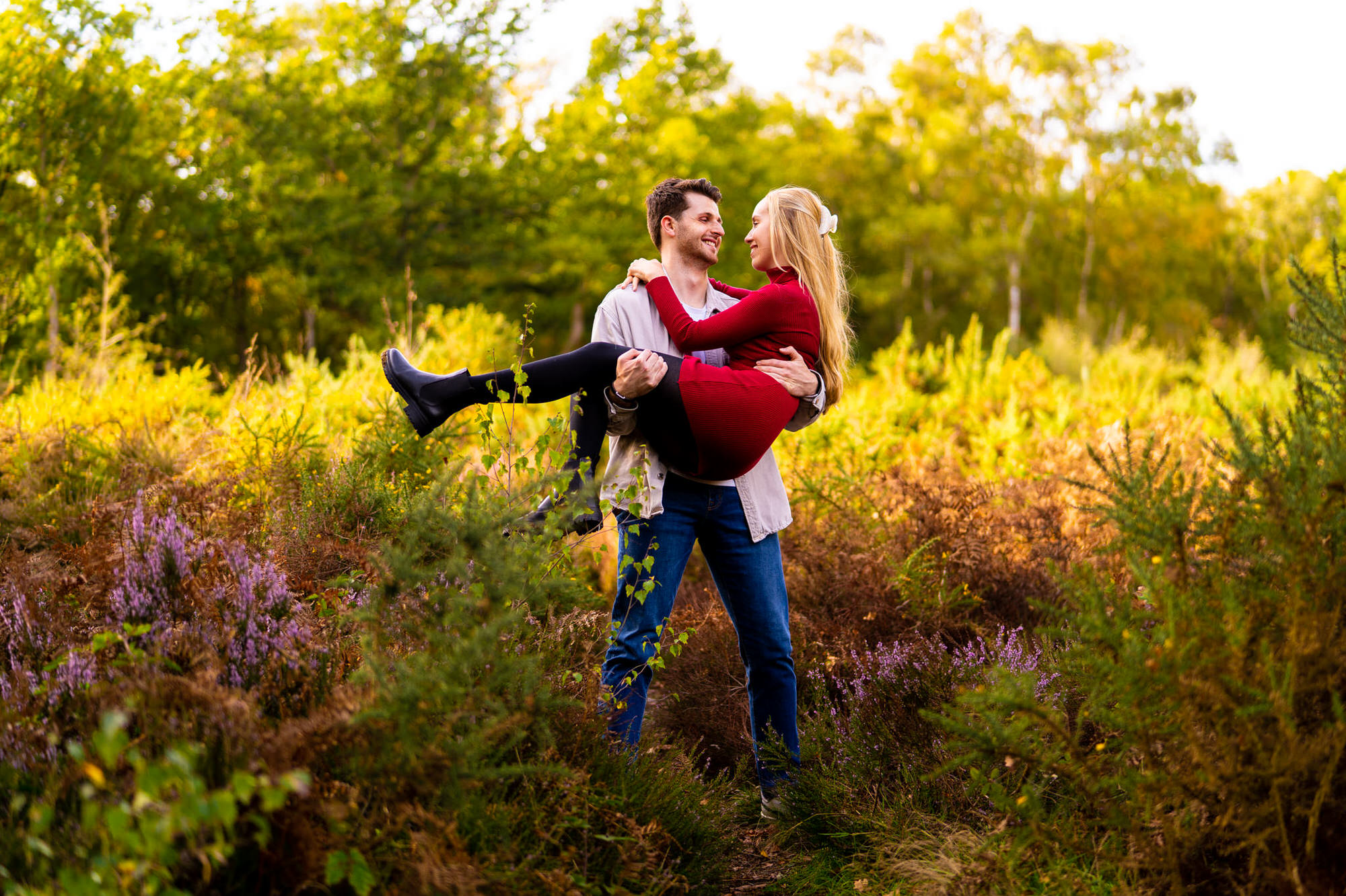 Couple on an engagement photo shoot at Mousehold Heath in Norwich