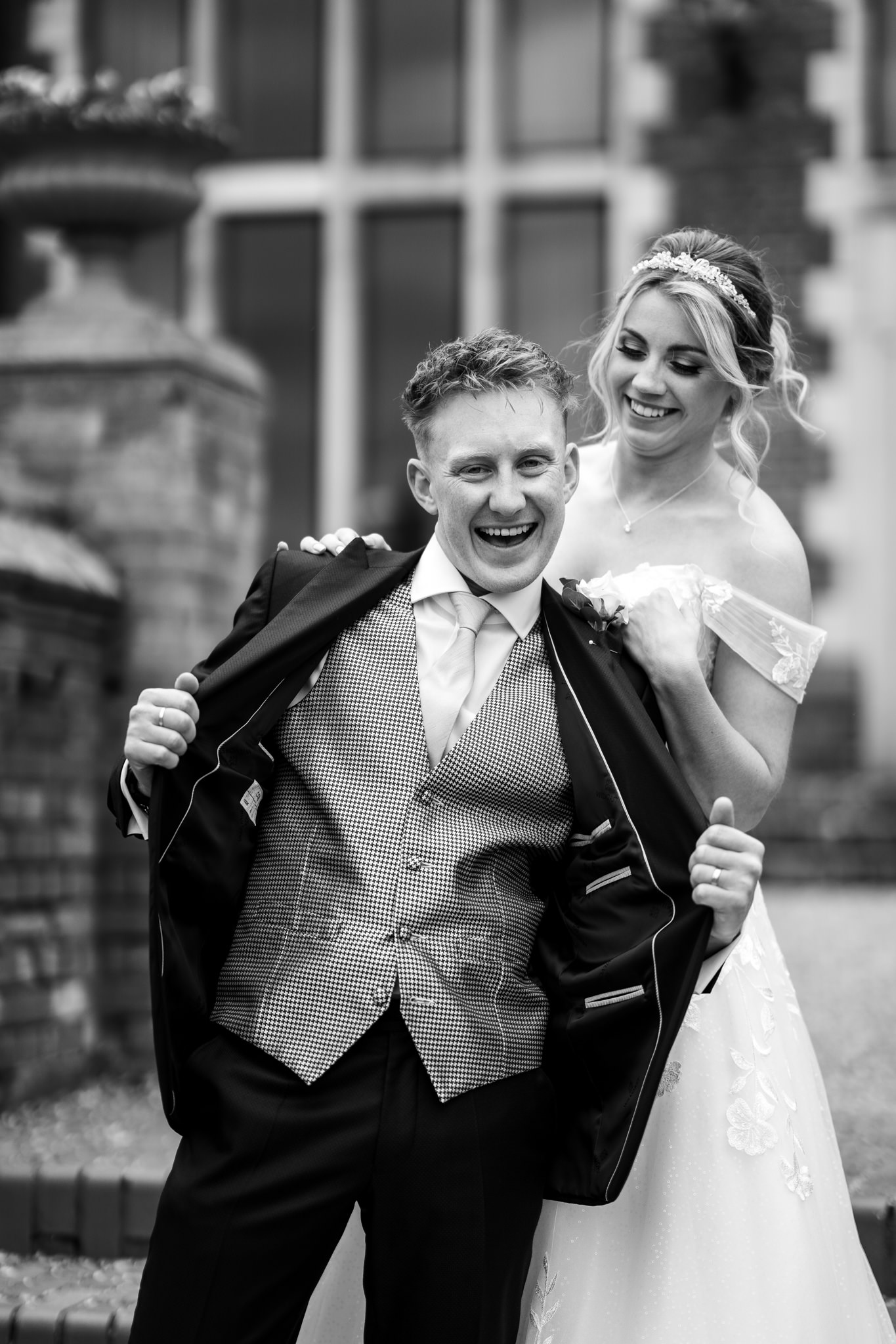 Fun wedding couple shots in black and white at Dunston Hall, Norfolk